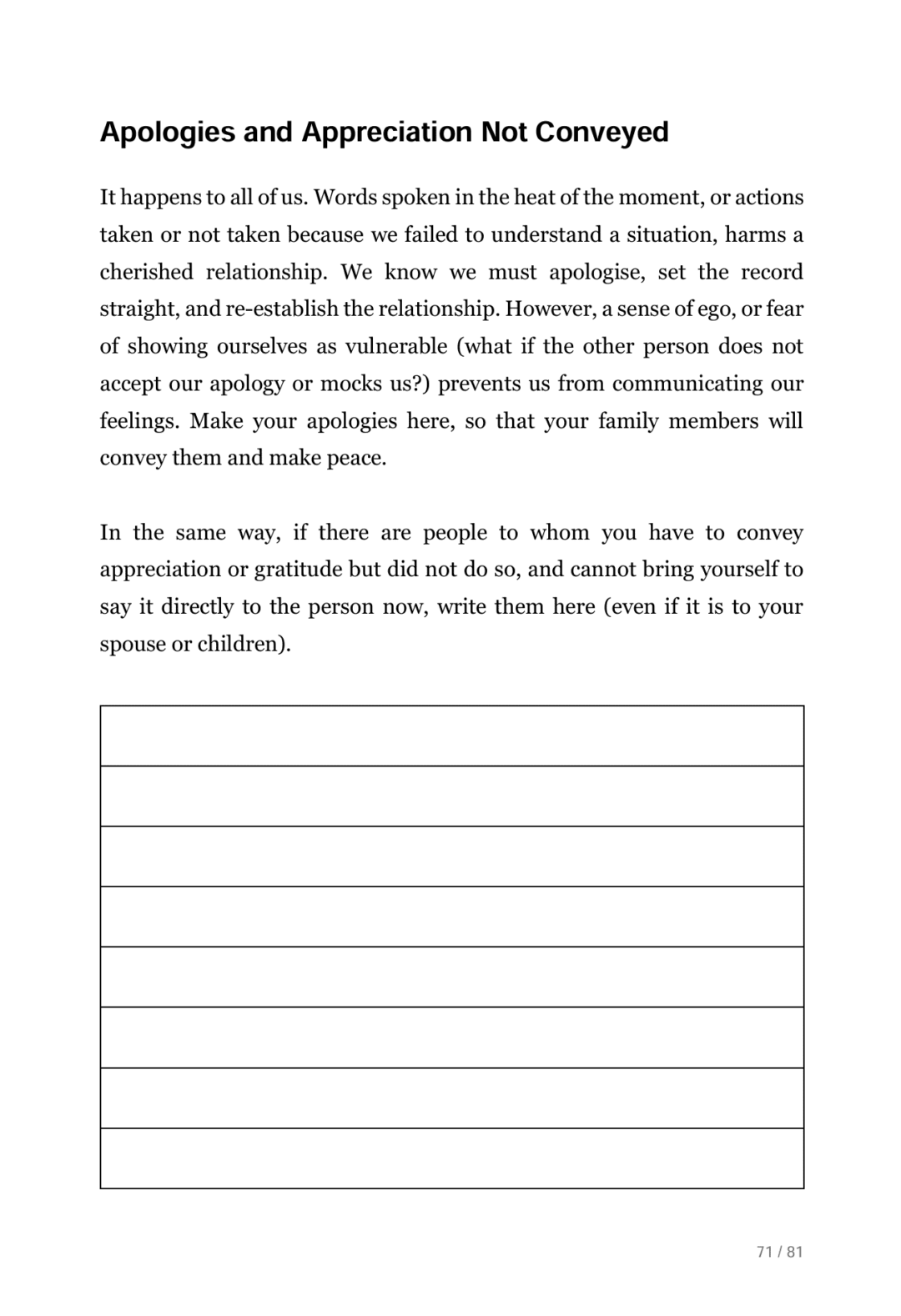 Page from When I Am Gone Planner, guidance about writing down apologies and appreciation you want to convey after you are gone