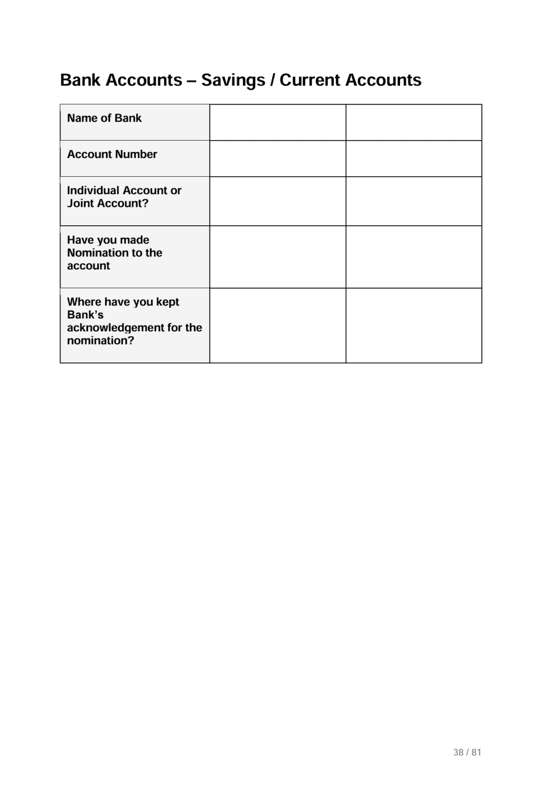 Page from When I Am Gone Planner, guidance about writing down information about your bank accounts