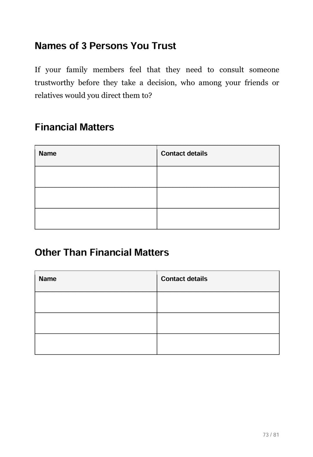Page from When I Am Gone Planner, guidance about people you trust for your family to consult