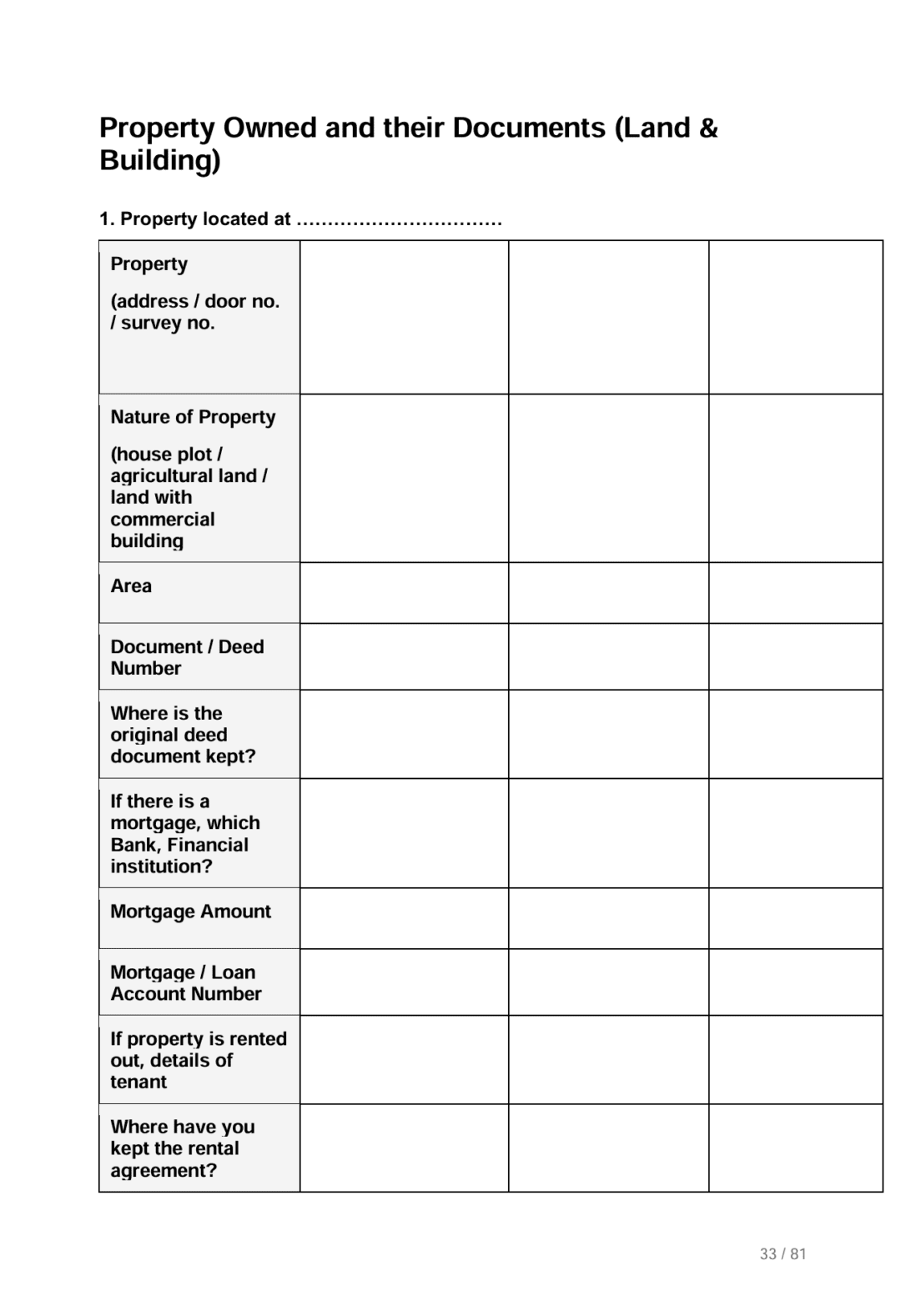 Page from When I Am Gone Planner, guidance for writing down information about property owned and related documents