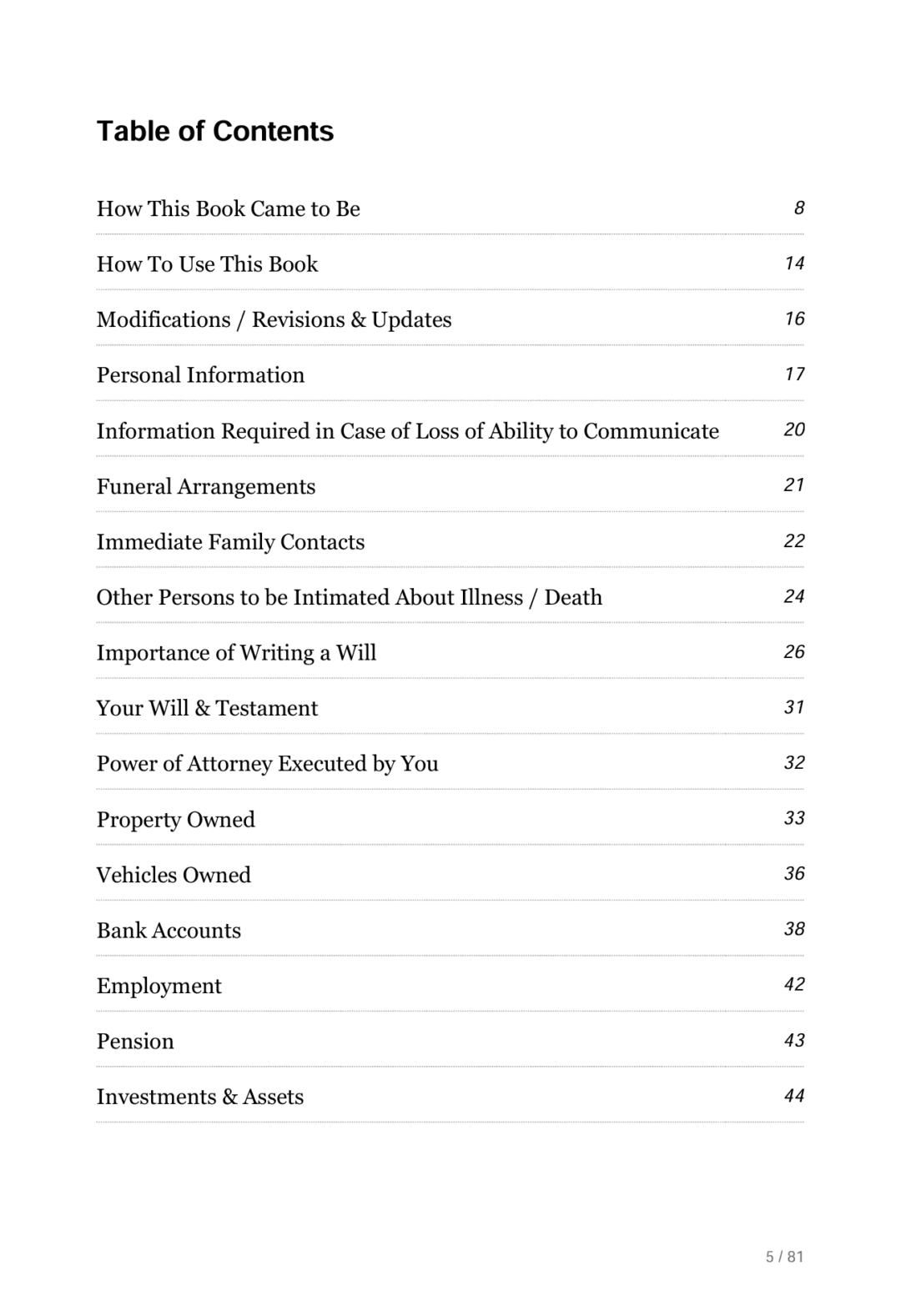 Table of Contents from When I Am Gone Planner