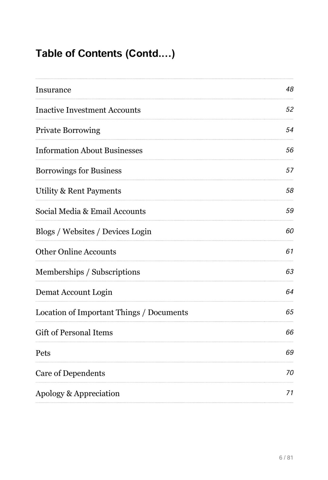 Table of Contents from When I Am Gone Planner, continued
